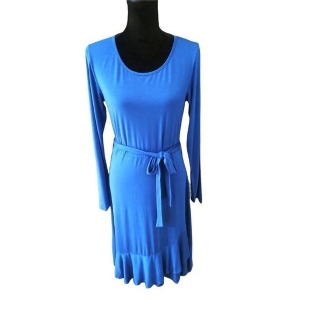 Women's Blue Long Sleeve Tie Waist Ruffle Hem Casual Midi Dress - Picture 2 of 15